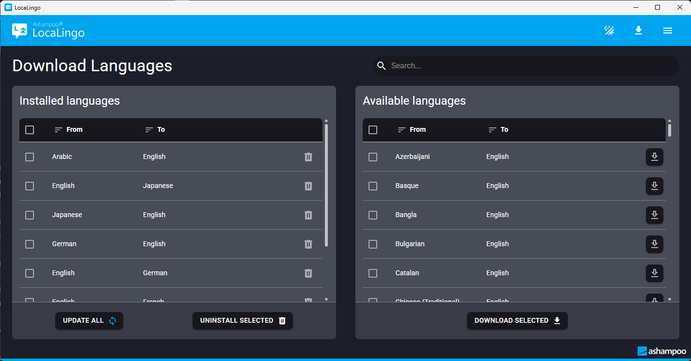 Ashampoo LocaLingo - Language selection